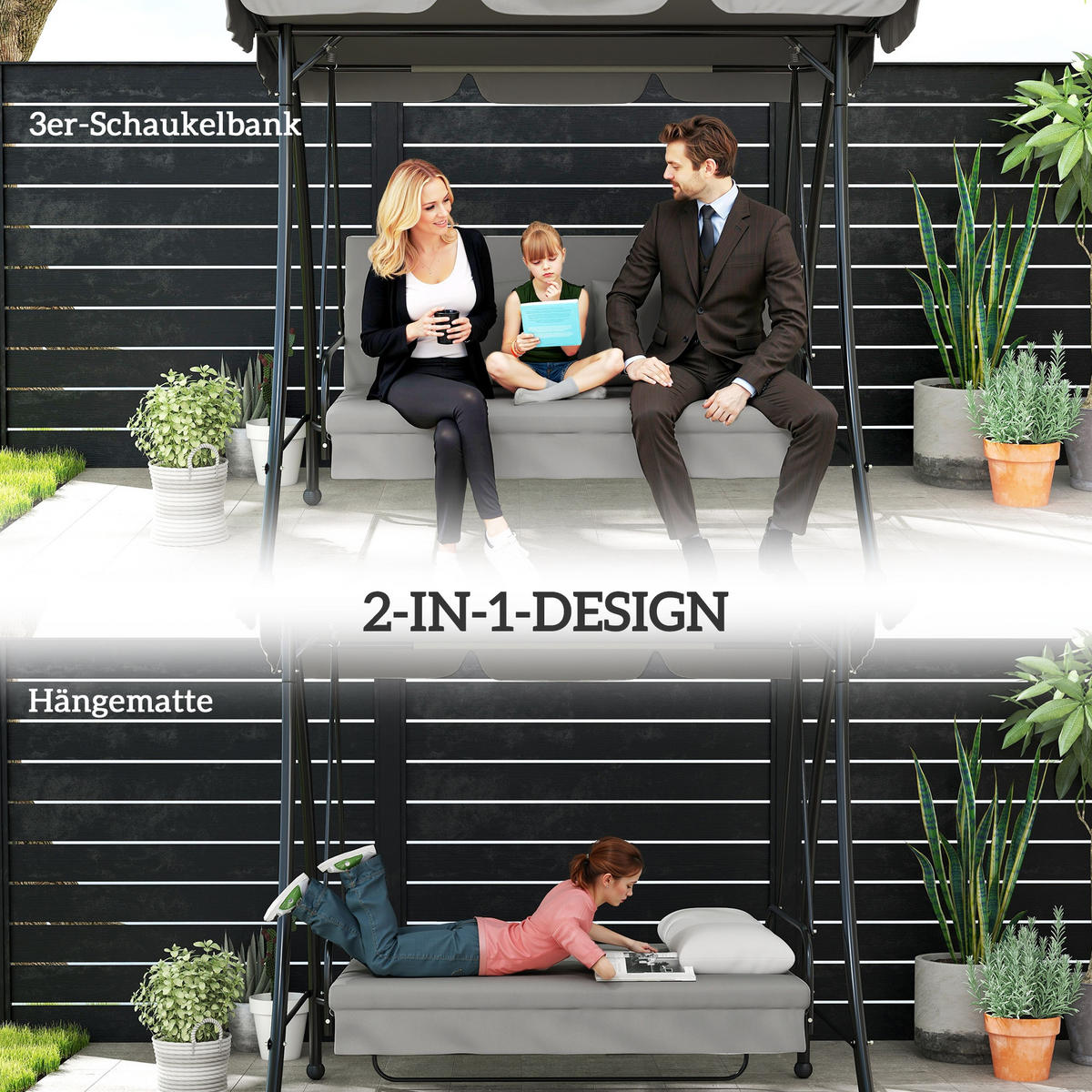 HOLLYWOODSCHAUKEL DE-07018 3-Sitzer, Mit Liegefunktion, neigbares Dach Grau - Grau, Metall (210/170/125cm) - ComfortXL