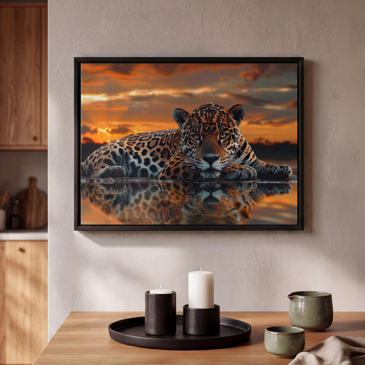 LEINWAND Bilder mit Rahmen - Natur - Leopard - Tier - Sonnenuntergang - Modern - 40x30 - Orange, Textil (40/30cm) - MuchoWow