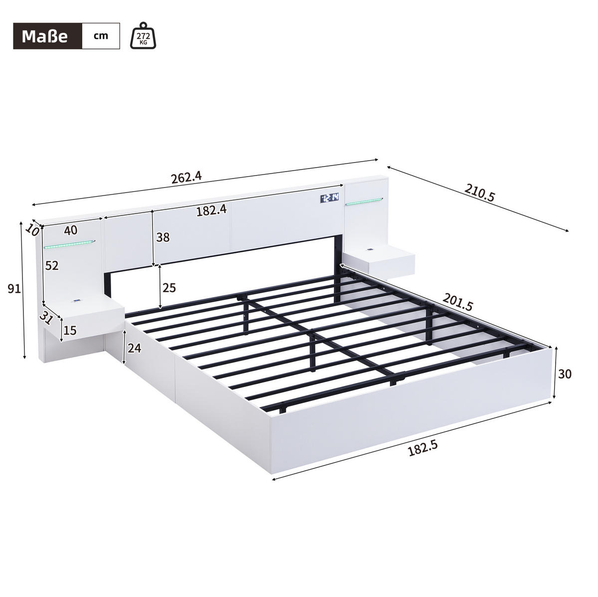 MANŽELSKÁ posteľ 180/200 cm biela z MDF s Bluetooth reproduktormi, USB a svetelným pásom - biela, kompozitné drevo (180/200cm) - OKWISH