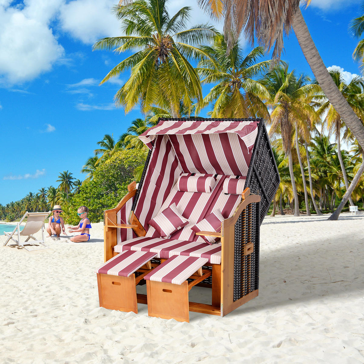 STRANDKORB DE-06671 2-Sitzer Volllieger, 5-stufig verstellbar Rot/Weiß - Rot/Weiß, Holz/Kunststoff (118/160/79cm) - ComfortXL