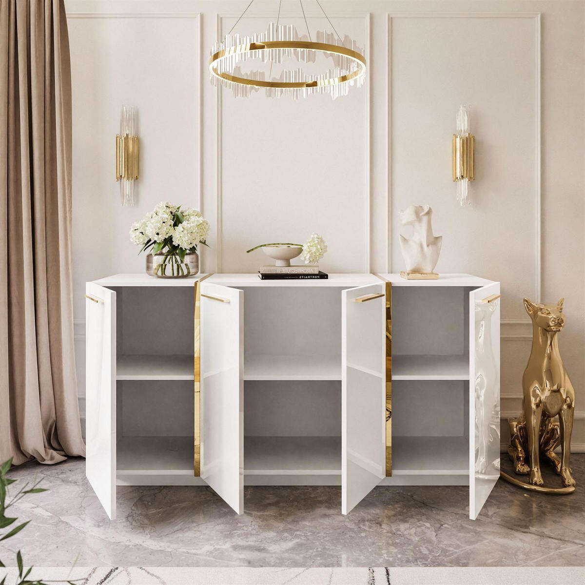 KOMMODE ONYX 4T 158 CM LUXURIÖSE KOMMODE MIT HOCHGLANZ FÜR DAS WOHNZIMMER - Goldfarben/Weiß, Holzwerkstoff (158/81/41cm) - Lookway