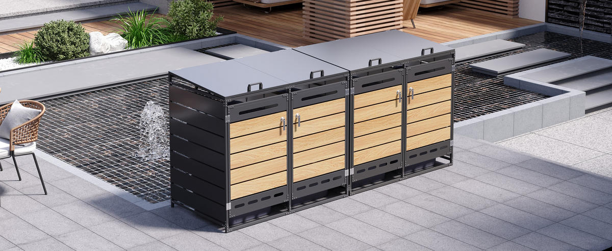 MÜLLTONNENBOX 4er Set Hydraulik Deckel Holzoptik horizontal Schloss - Schwarz, Metall (262/116/79cm) - LEBENLANG