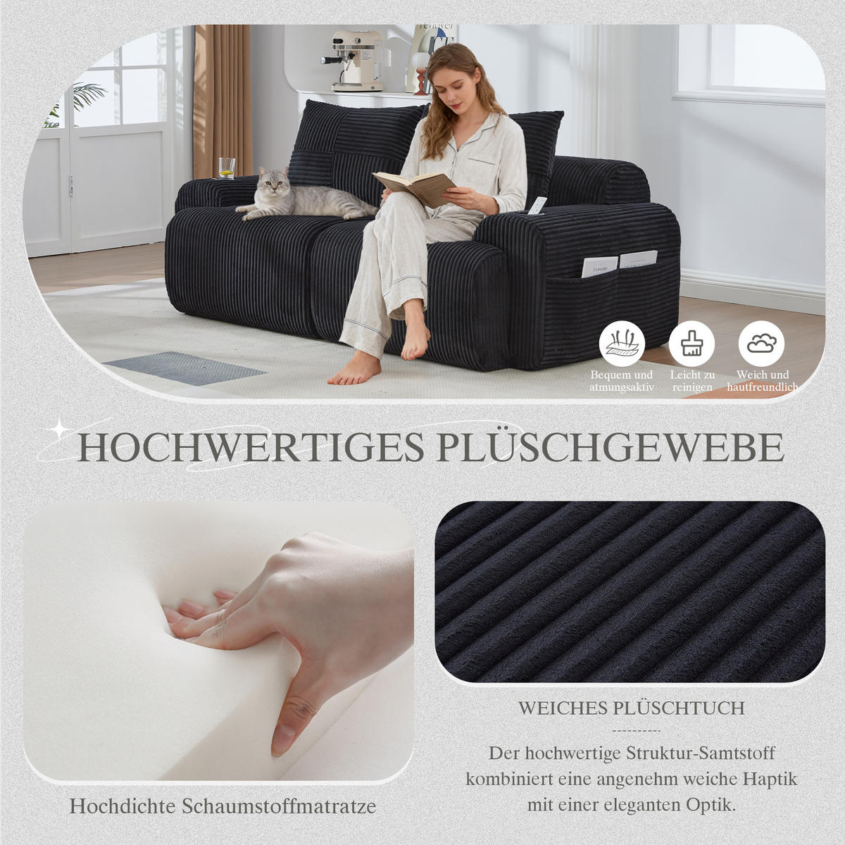 2-SITZER Cordsofa modular mit Getränkehalter und Seitentasche 200/99/80 cm Schwarz - Schwarz, Textil (99/80/200cm) - Redom
