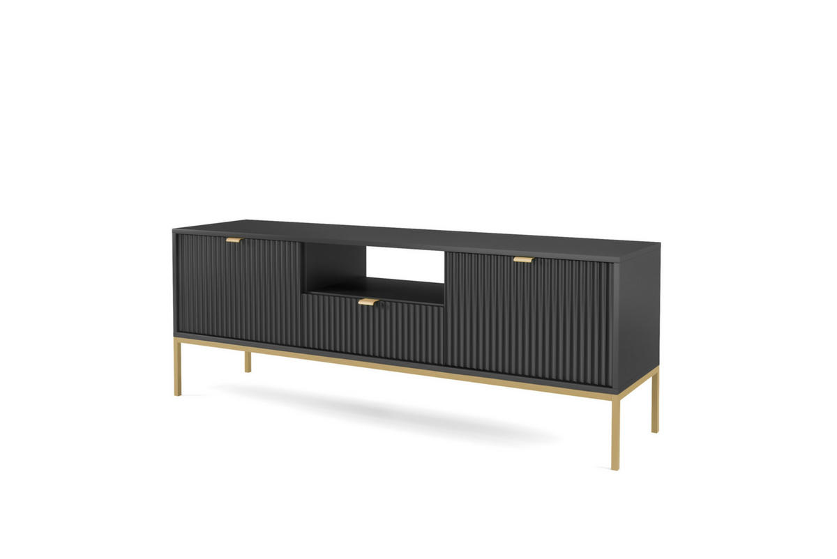 TV-SCHRANK NOVA Geriffelt Regal, 2 Türen, Schublade, Goldene Beine, 154x39x56cm, Schwarz - Goldfarben/Schwarz, Holzwerkstoff/Kunststoff (154/56/39cm) - DomoHome
