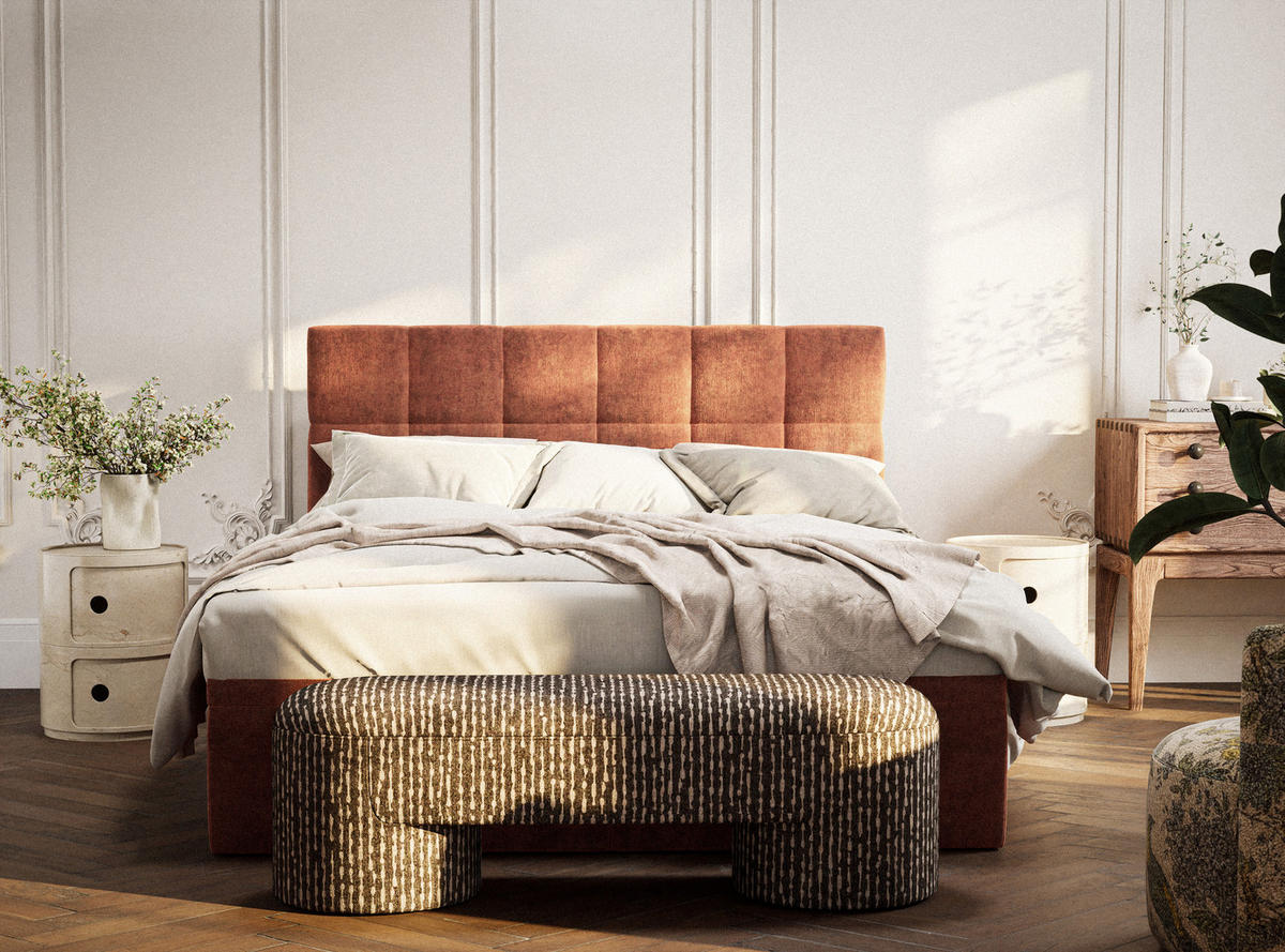 BOXBETT 140/200 cm Gotu M, in Kupferfarbe, Matratze, gepolstertes Kopfteil, Bettkasten, H3 = fest - Schwarz/Kupferfarben, Holz/Holzwerkstoff (140/200cm) - Maison de Reve