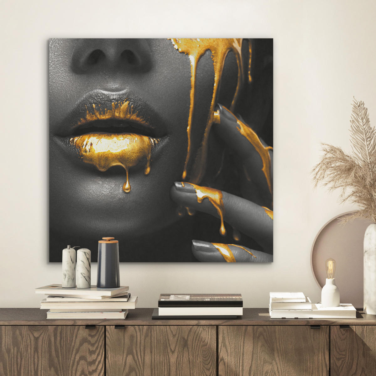 AKUSTIKBILD Frau - Schwarz - Gold - Gesicht - Lippen Wandbilder 60x60 cm - Goldfarben, Kunststoff (60/60/0.9cm) - MuchoWow