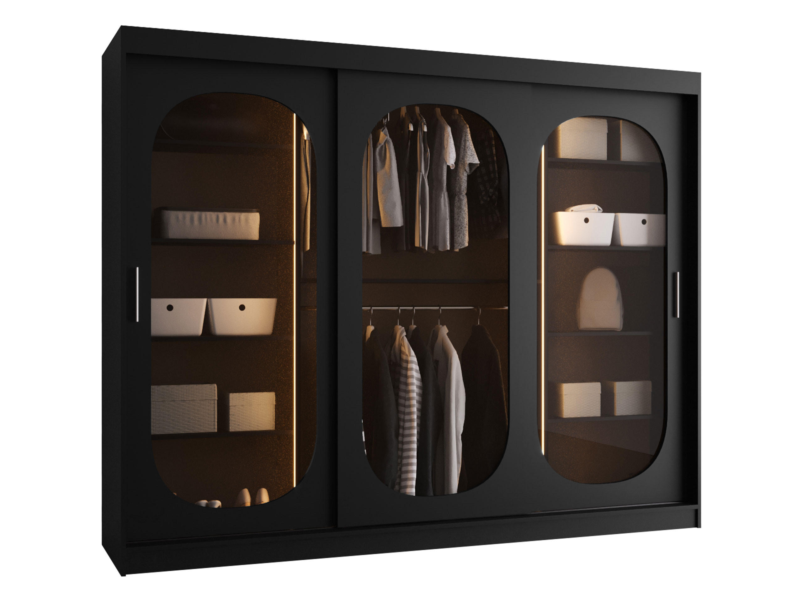 SCHWEBETÜRENSCHRANK Bahrajn 250 mit Schubladen und LED - Silberfarben/Schwarz, Holzwerkstoff/Kunststoff (250/200/62cm) - MIRJAN24