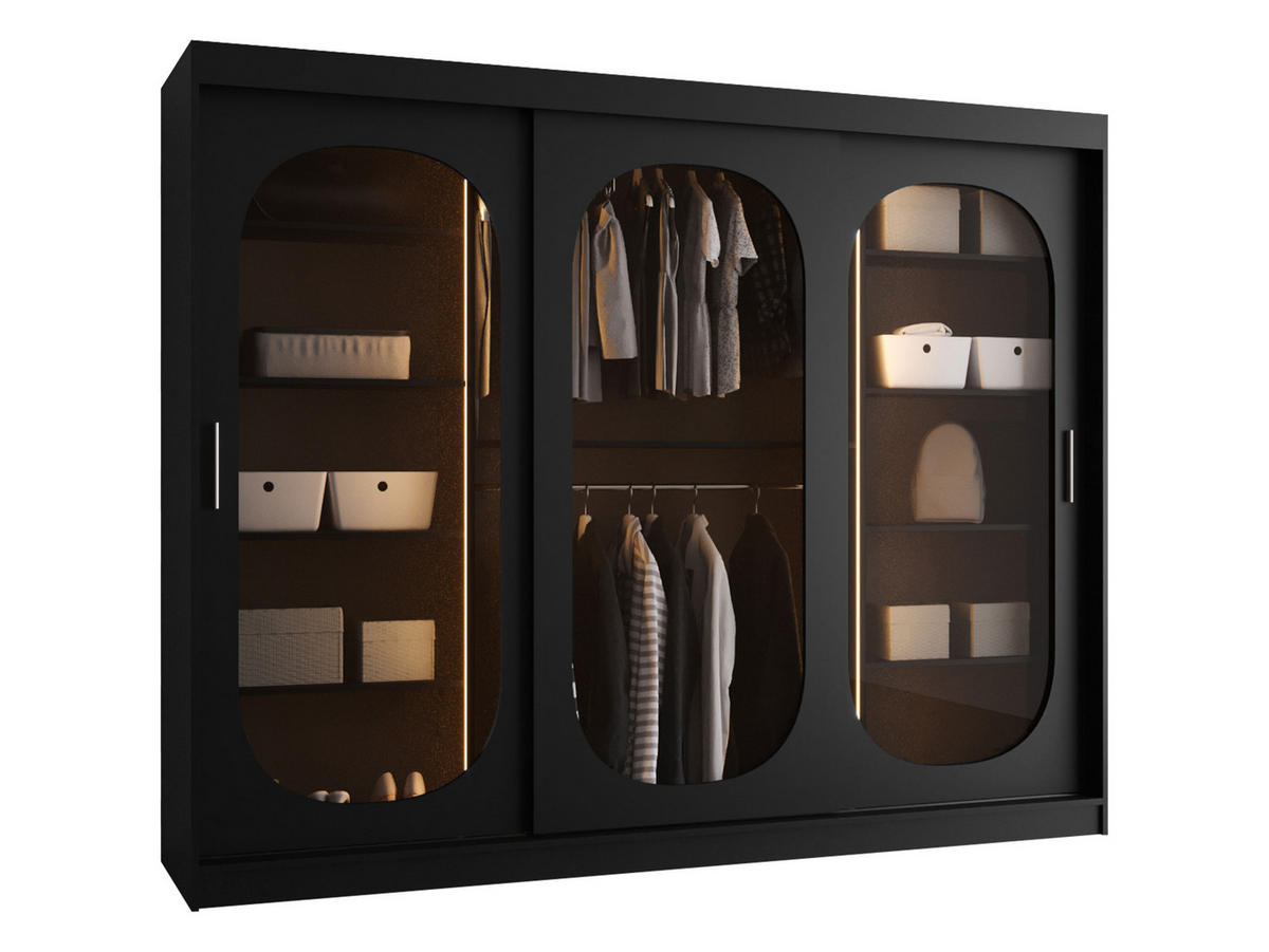 SCHWEBETÜRENSCHRANK Bahrajn 250 mit Schubladen und LED - Silberfarben/Schwarz, Holzwerkstoff/Kunststoff (250/200/62cm) - MIRJAN24