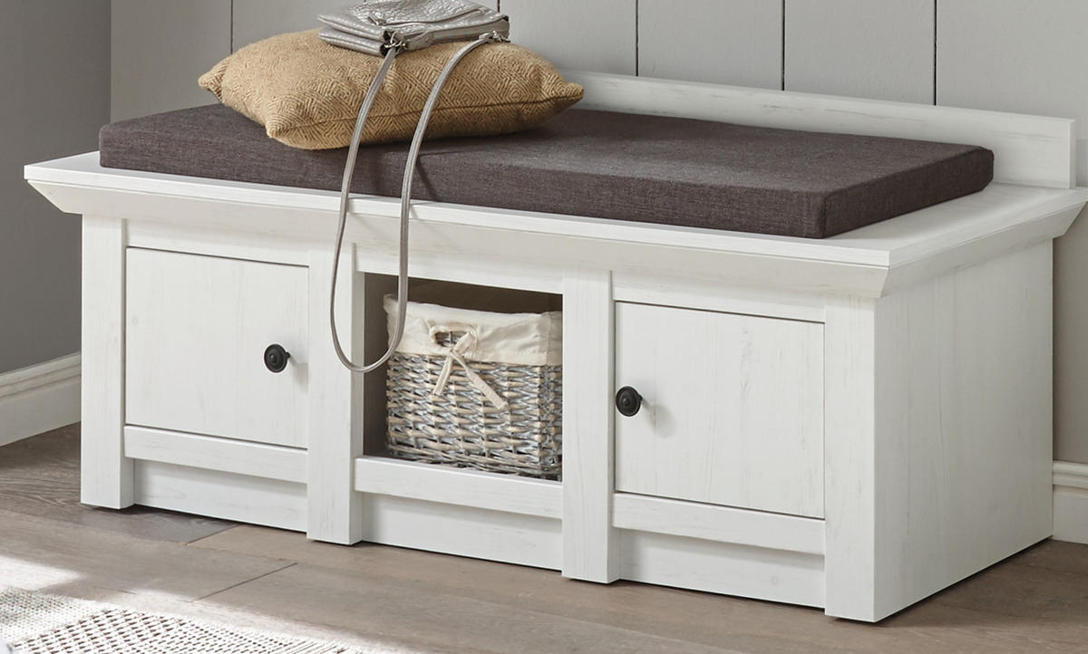 GARDEROBENBANK Pinie weiß 124 cm, Schuhbank mit Stauraum - Schwarz/Weiß, Holzwerkstoff/Metall (124/42/45cm) - Furn.Design