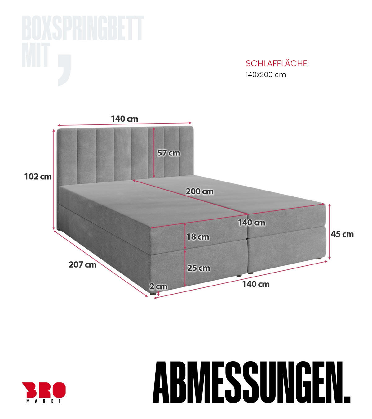 BOXBETT Denver mit Topper 140/200 Hellgrau - Hellgrau, Holzwerkstoff/Textil (140/200cm) - Bromarkt