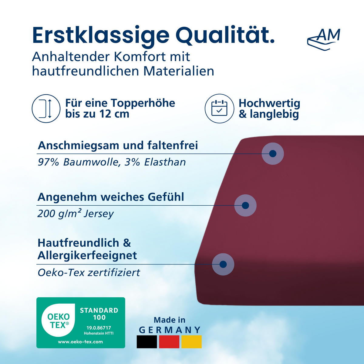 SPANNBETTLAKEN TOPPER 70/220/12 cm Bordeaux - Bordeaux, Textil (70/220cm) - AM Qualitätsmatratzen