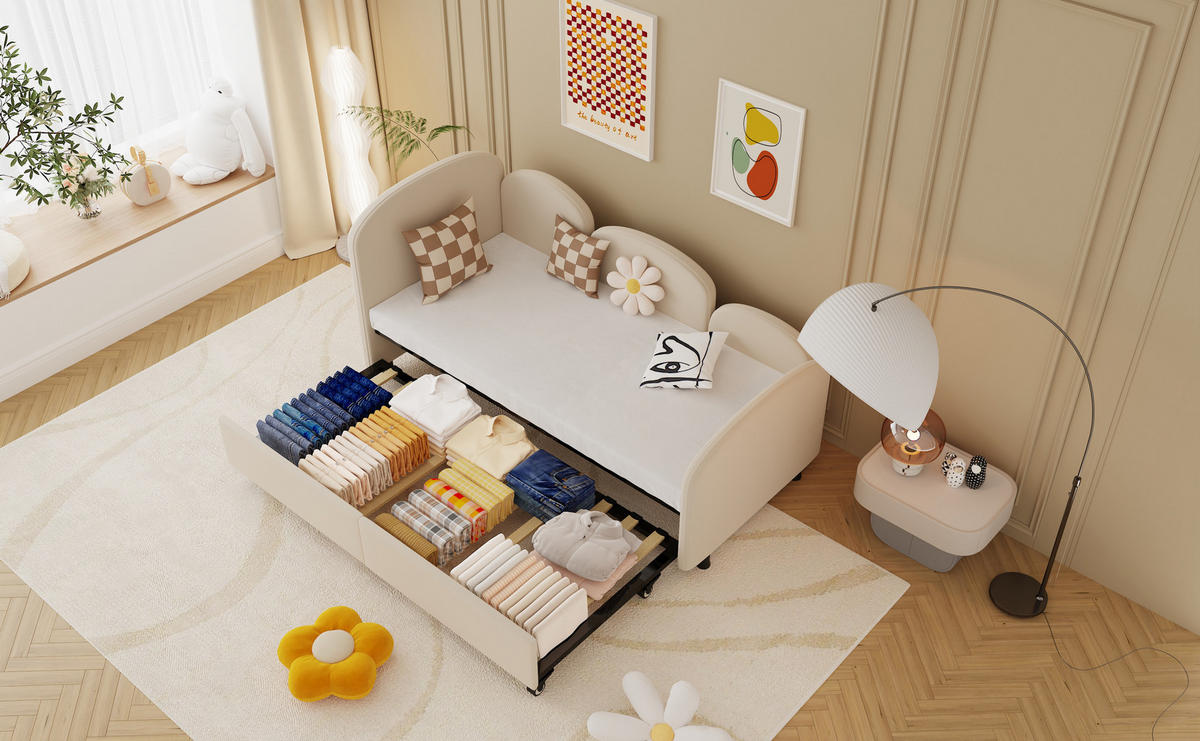 DAYBETT 90x200 cm Samt Schubladen - Beige, Metall (90/200cm) - Fortuna Lai