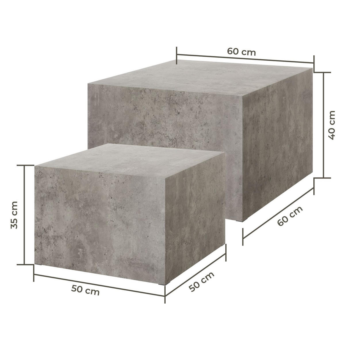 COUCHTISCH 2er Set Lacey, inkl. Filzschoner, Belastbarkeit 45 kg, Beton Optik - Grau, Holz (60/60/40cm) - tectake