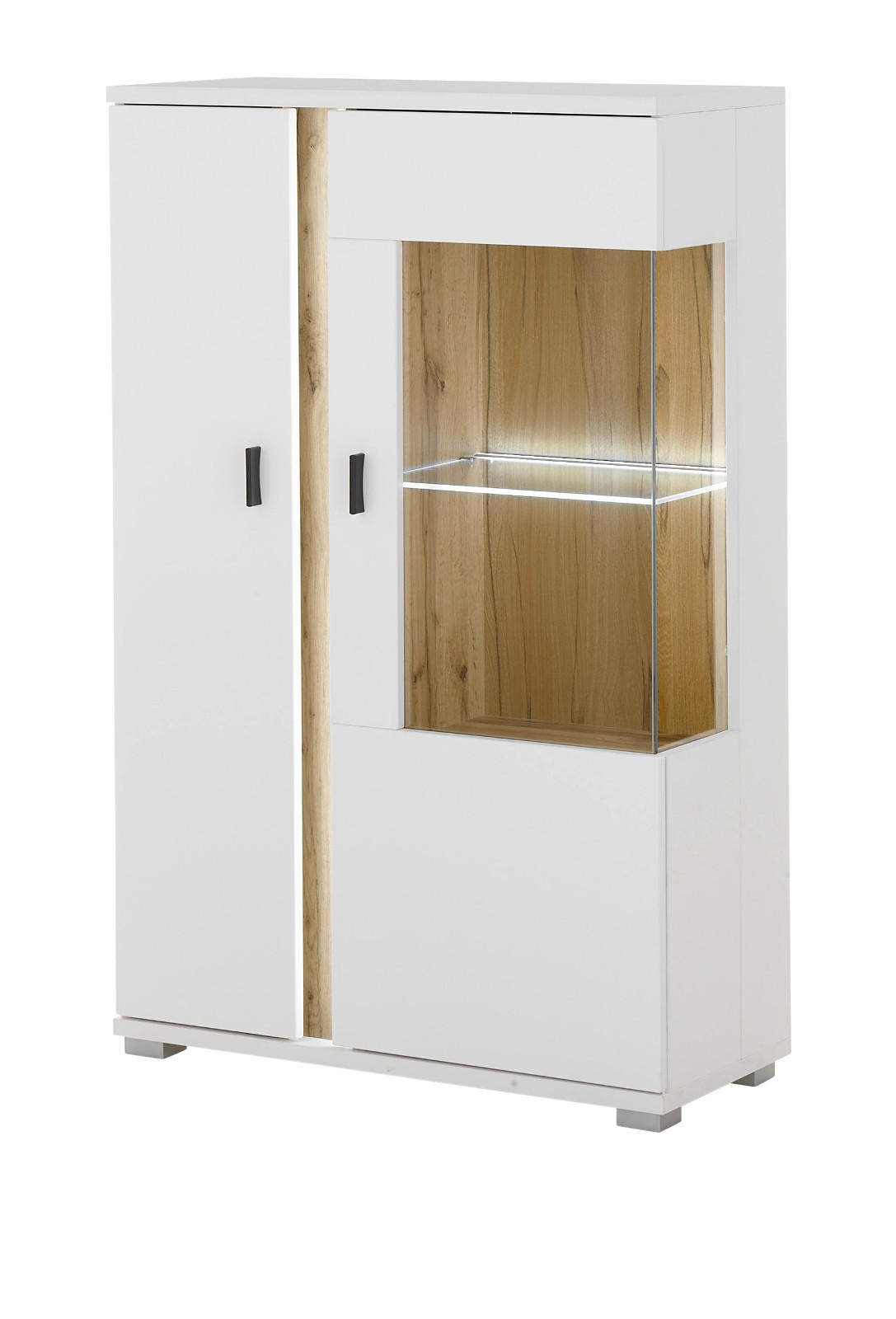 VITRINE weiß matt, Eiche Wotan 80 x 125 cm, Highboard inklusive Frontbeleuchtung - Silberfarben/Eiche Wotan, Glas/Holzwerkstoff (80/125/35cm) - Furn.Design