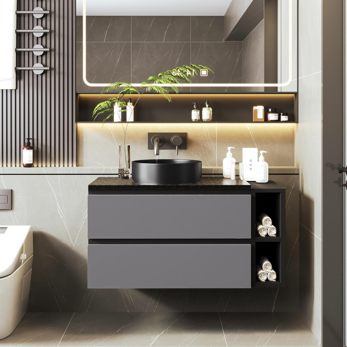 WASCHBECKENUNTERSCHRANK 80 cm Schwarz-Grau mit Keramikbecken - Schwarz, Holzwerkstoff (44/48.5/80cm) - Beauniv