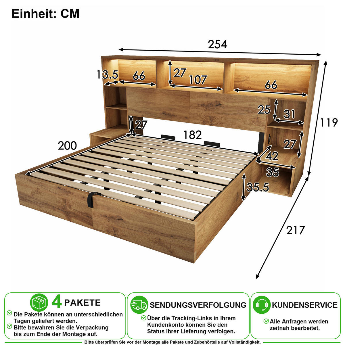 BETT 180/200 cm in Eiche mit Stauraum, LED und USB - Eichefarben, Holz/Holzwerkstoff (180/200cm) - CHICFURN