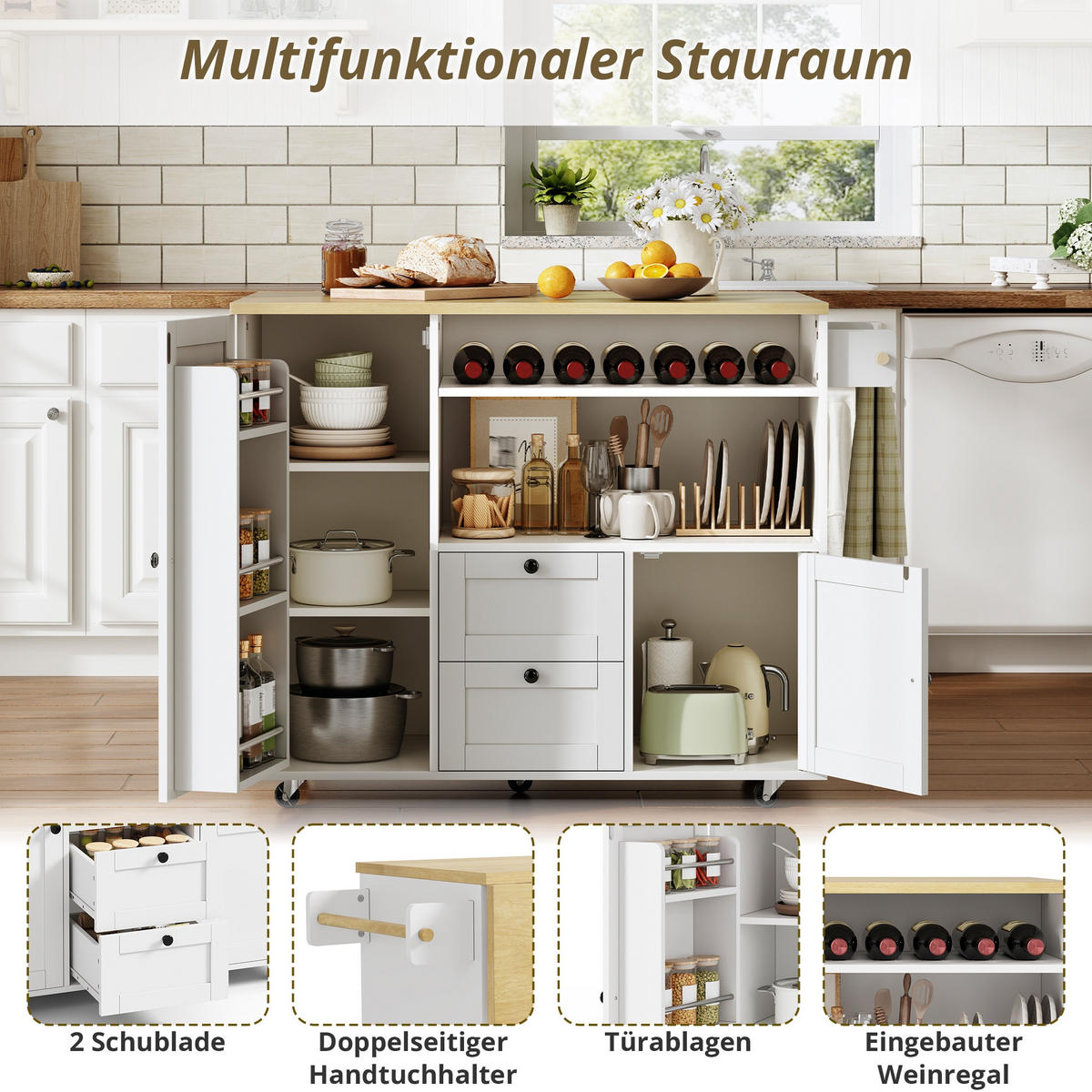 KÜCHENINSEL 104/45/89 cm Natur + Weiß mit klappbarer Arbeitsplatte, 2 Schubladen und integriertem Weinregal - Weiß, Holz/Holzwerkstoff (69/89/104cm) - Oxeza