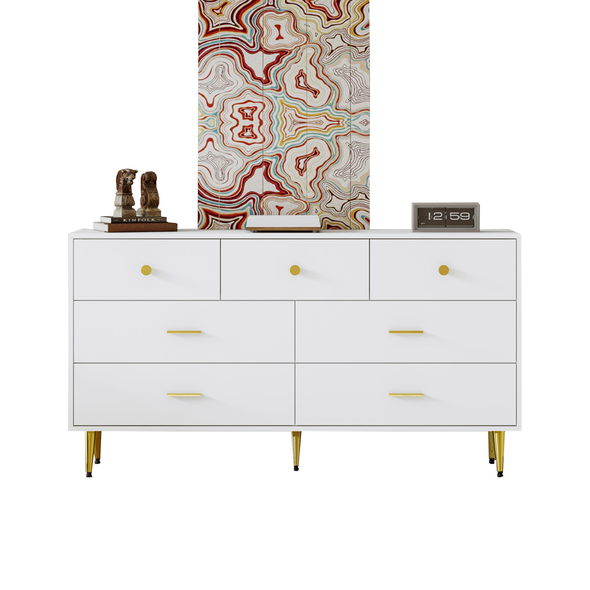 SIDEBOARD Weiß Gold 7 Schubladen 140x35x76cm Hochglanz Stauraum - Weiß, Holzwerkstoff (35/76/140cm) - FLIEKS