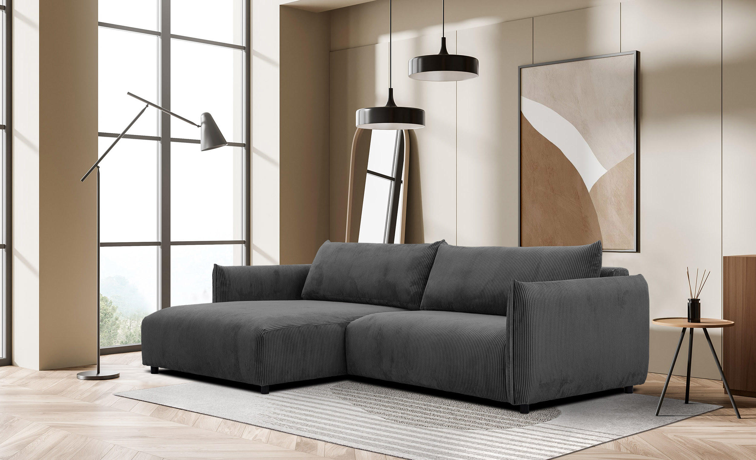 ECKSOFA TAUER 5-Sitzer, dunkelgrau - Dunkelgrau/Schwarz, Holzwerkstoff/Kunststoff (174/292cm) - Courtois Laville