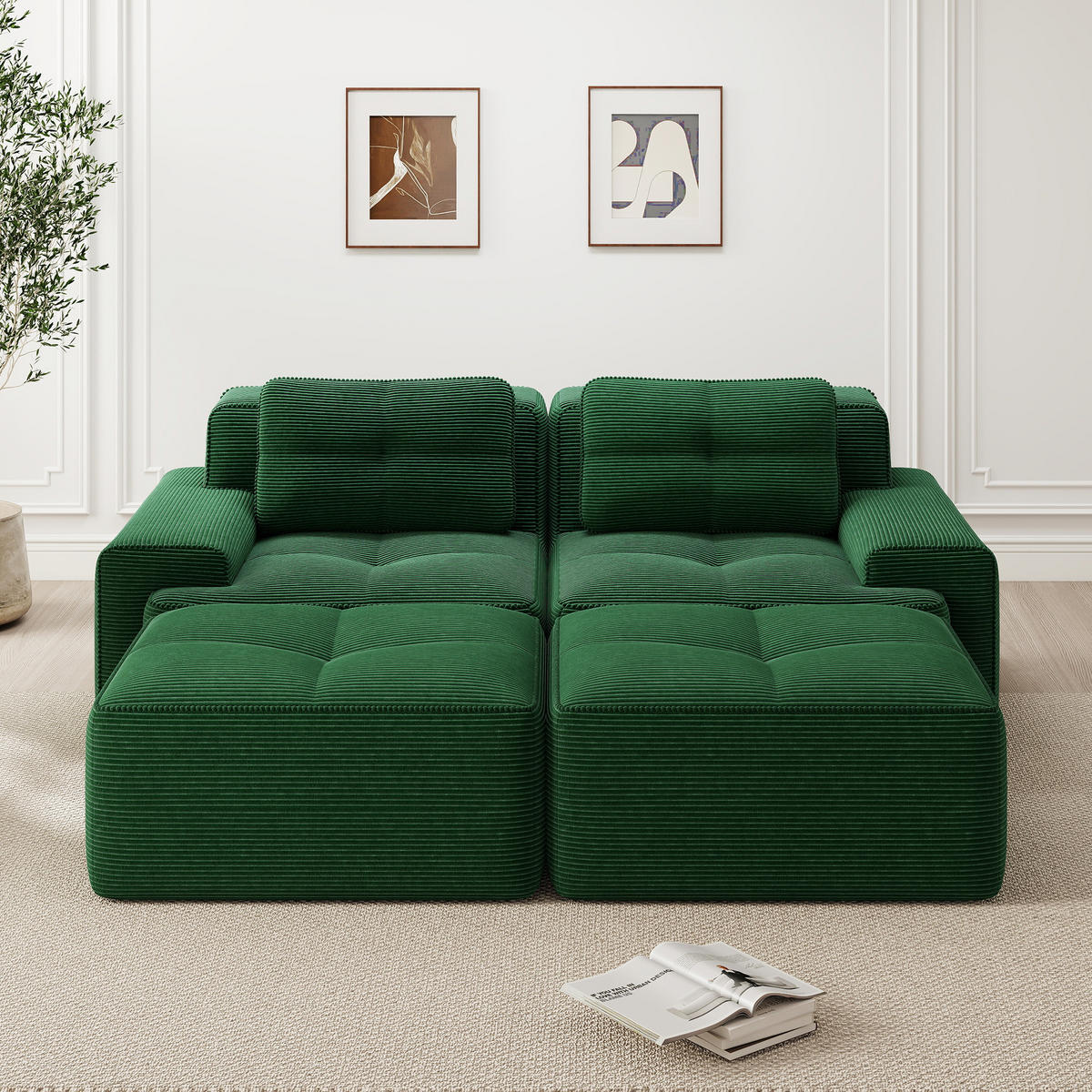 2-SITZER SOFA Cord Grün mit Ottoman - Grün, Textil (204/69/177cm) - WISHDOR