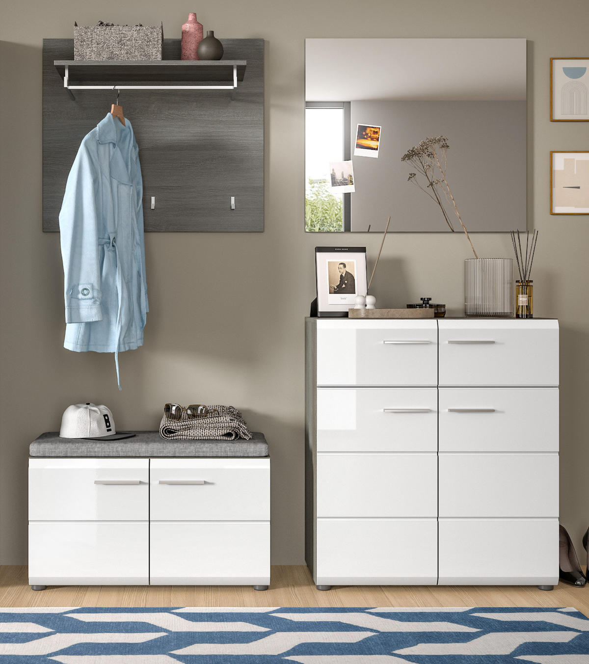 SCHUHSCHRANK weiß Hochglanz, grau 80 cm, Schuhkommode mit viel Stauraum - Weiß Hochglanz/Silberfarben, Holzwerkstoff/Kunststoff (80/90/37cm) - Inn.Furn