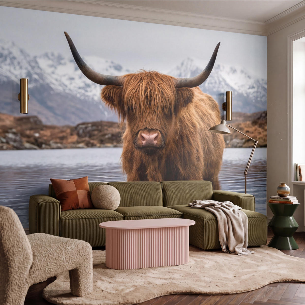 TAPETE - Schottischer Hochländer - Braun - Wasser - 400x300 cm - Braun, Papier (400/300cm) - OnlyWow