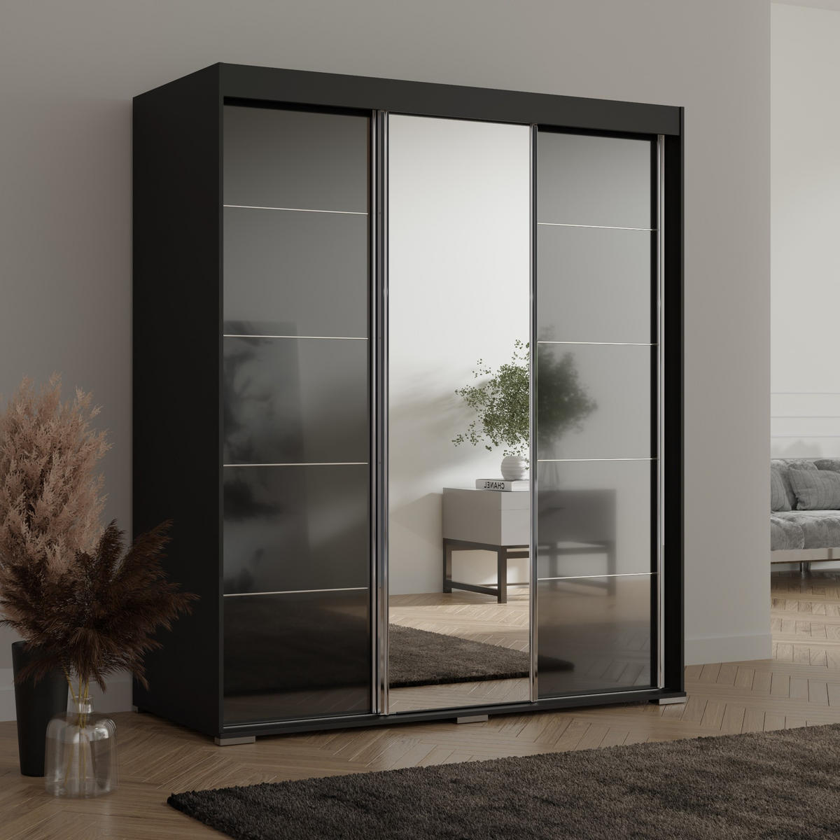 SCHIEBETÜRENSCHRANK mit Schubladen und Spiegel Como 3D1L 180 Schwarz (lacobel) - Silberfarben/Schwarz, Holzwerkstoff/Metall (180/208/67cm) - mzm24