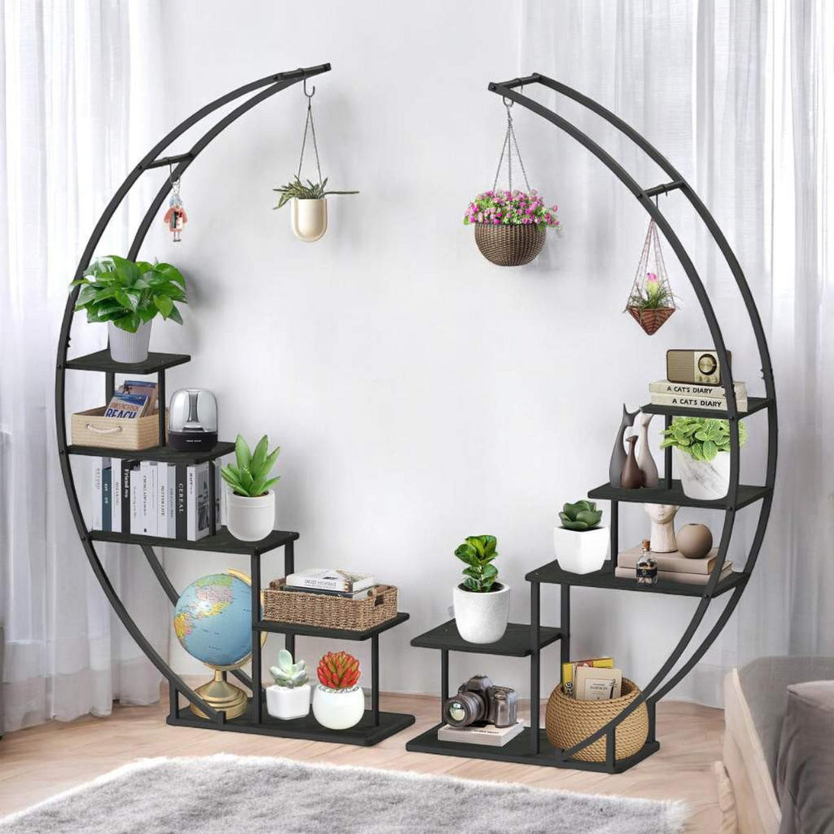 DANDIBO Blumenregal indoor 170 cm Hoch Metall Schwarz Rund 96586 Blumentreppe Groß Halbrund Pflanzenständer Modern Design - Schwarz, Metall (190/170/30cm) - DanDiBo