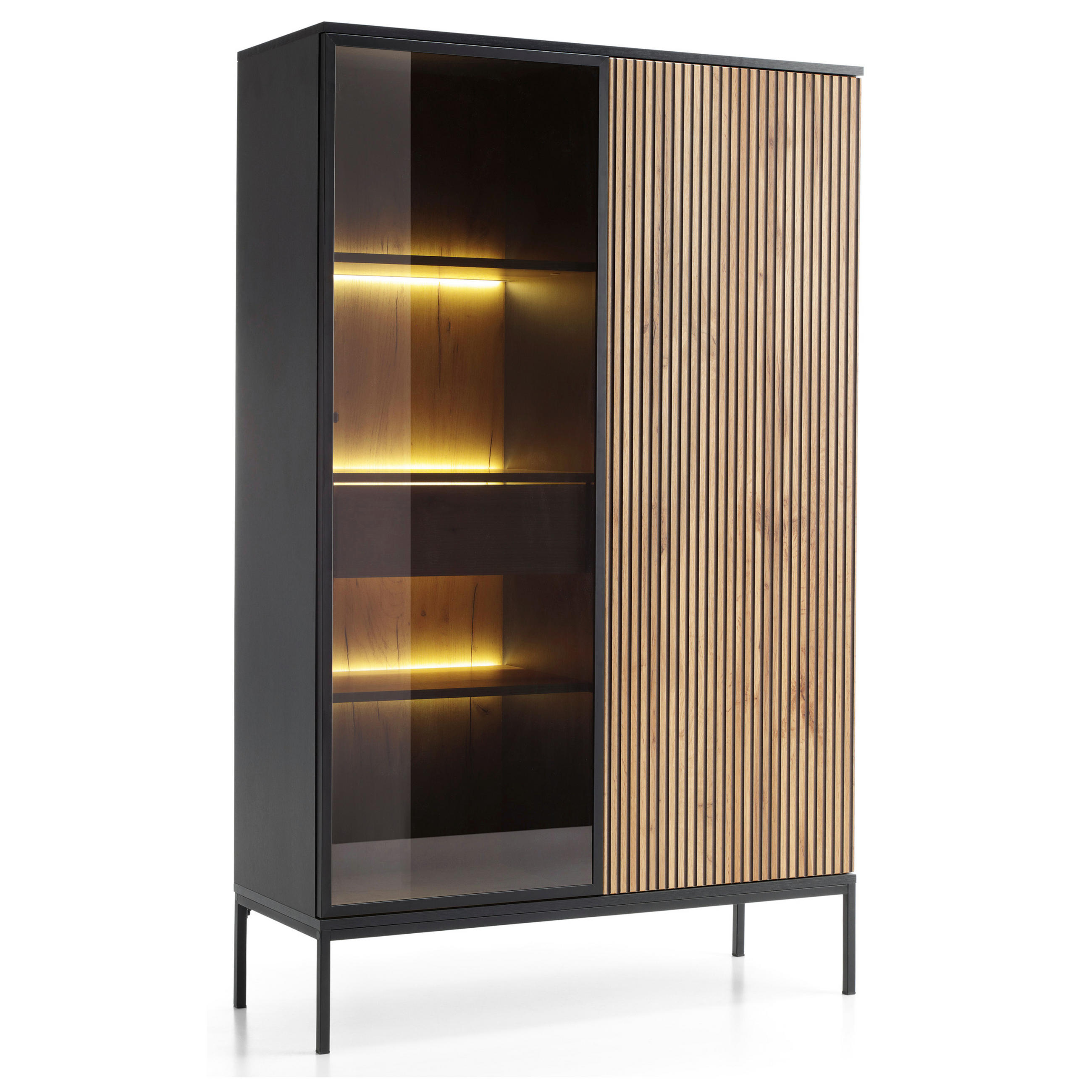 VITRINE Laval WTSZ104, Schwarz, Wotan-Eiche, Lamelle, mit LED-Beleuchtung - Eichefarben/Eiche Wotan, Glas/Holzwerkstoff (104/166/39cm) - Komodee