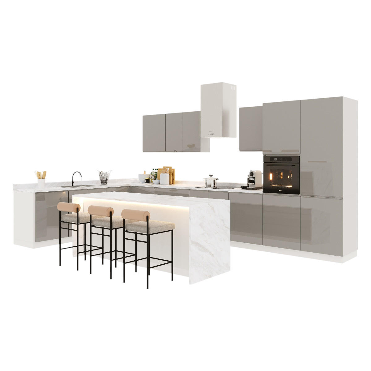 INSELKÜCHE-KÜCHENZEILE 420x220 cm Glanzia – KU-S18 – Grau – Hochglanz - Grau, Holzwerkstoff (420/212/220cm) - hi-markt