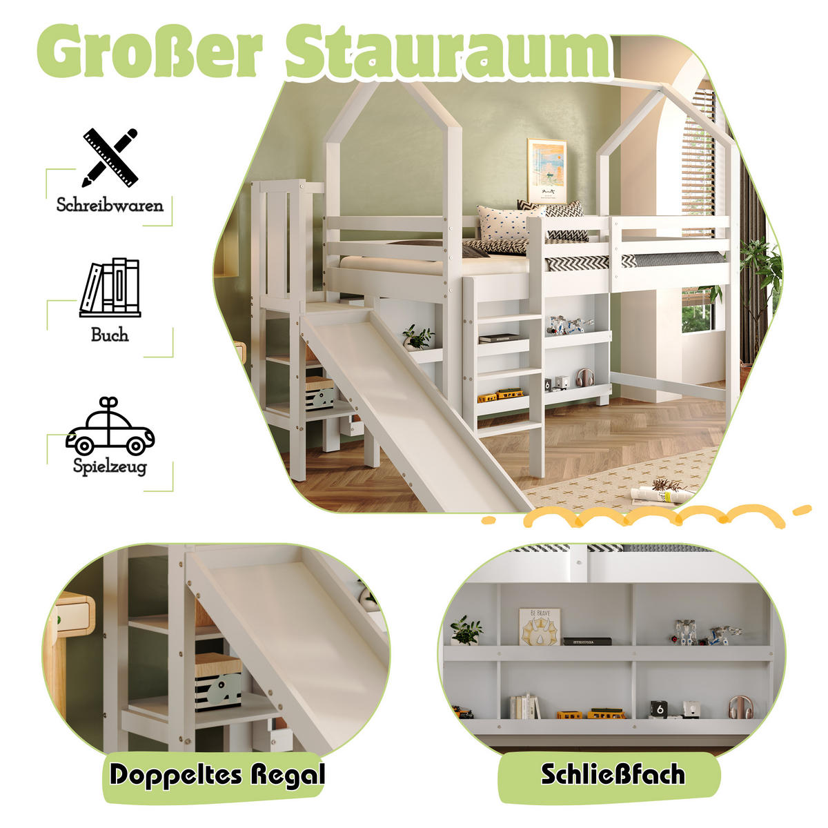 KINDEREINZELBETTEN aus Massivholz und MDF 90x200 cm in Weiß mit Rutsche & Stauraum - Weiß, Holzwerkstoff (90/200cm) - Modfu