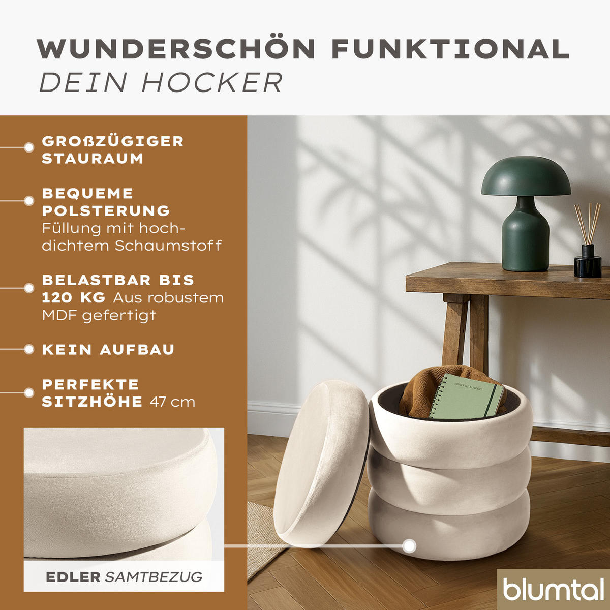 SAMTHOCKER mit Stauraum Rund – Samt Pouf Creme - Beige, Textil (42/47/42cm) - Blumtal