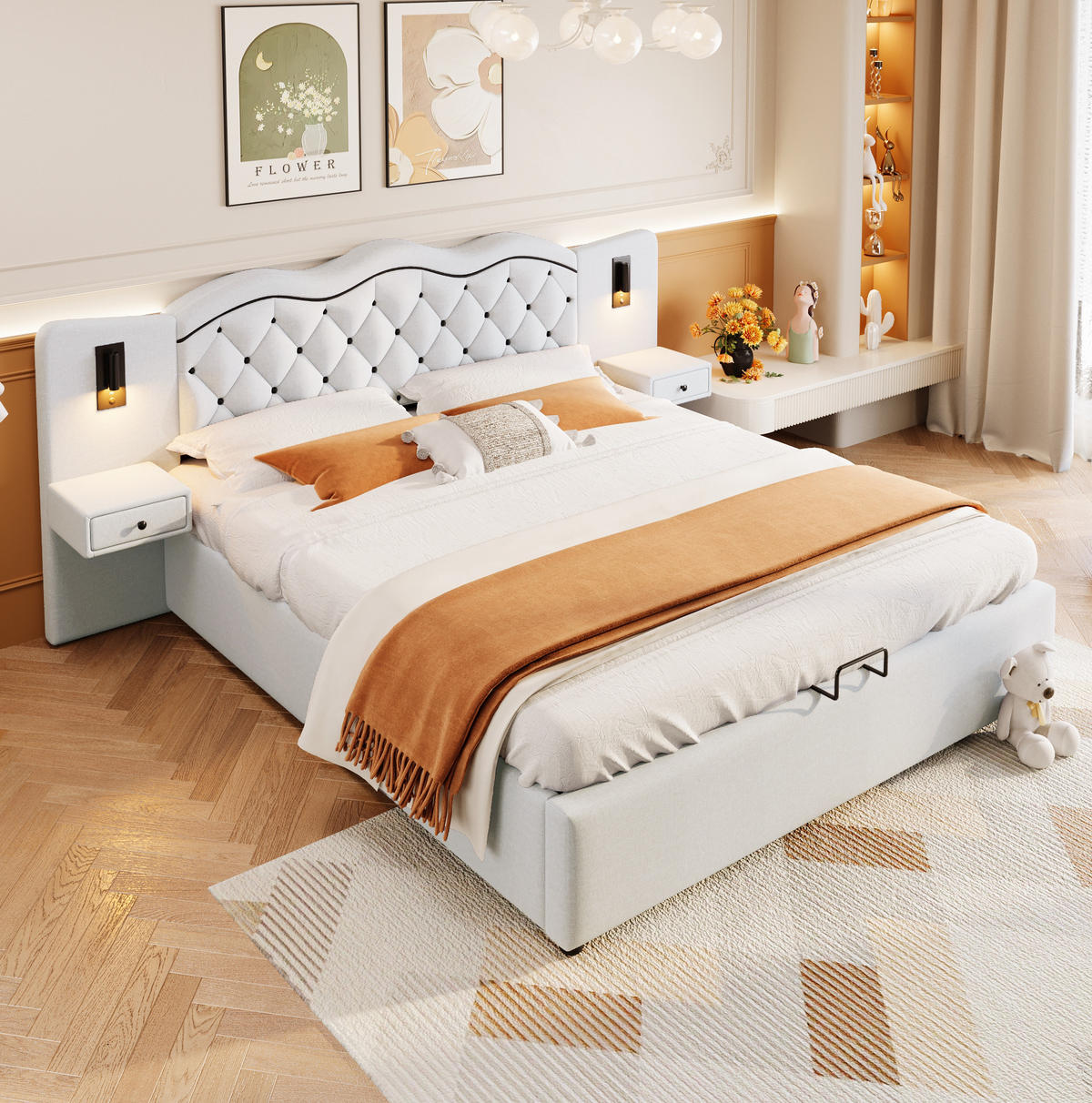 POLSTERBETT 180/200 cm Beige mit Stauraum, USB-Anschlüssen und Beleuchtung - Beige, Textil (180/200cm) - Flora Grace