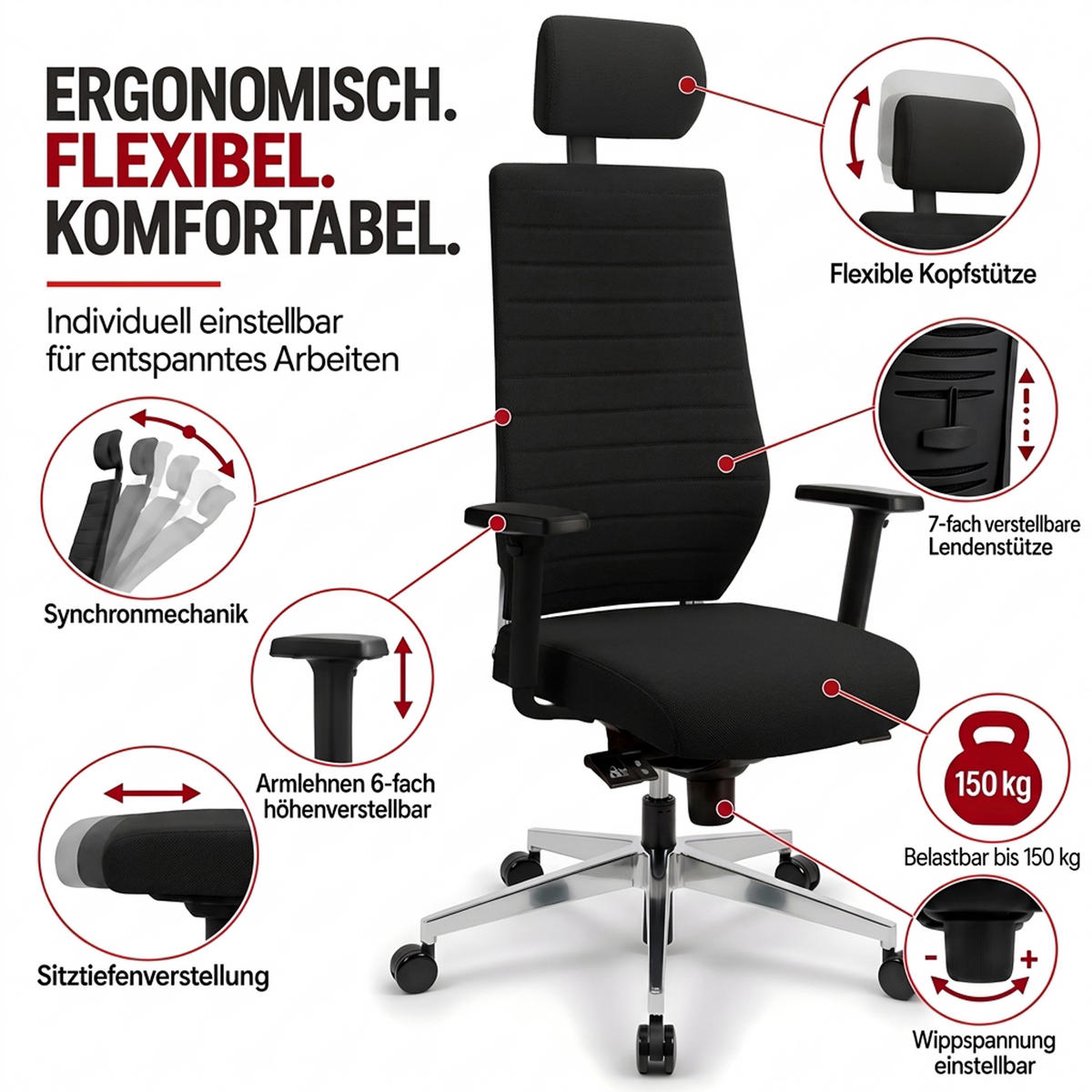 CHEFSESSEL V1301 Stoff Schwarz - ergonomisch, 150 kg belastbar, Sitzhöhe 45-55cm - Schwarz, Kunststoff/Textil (65/128/69cm) - Versee