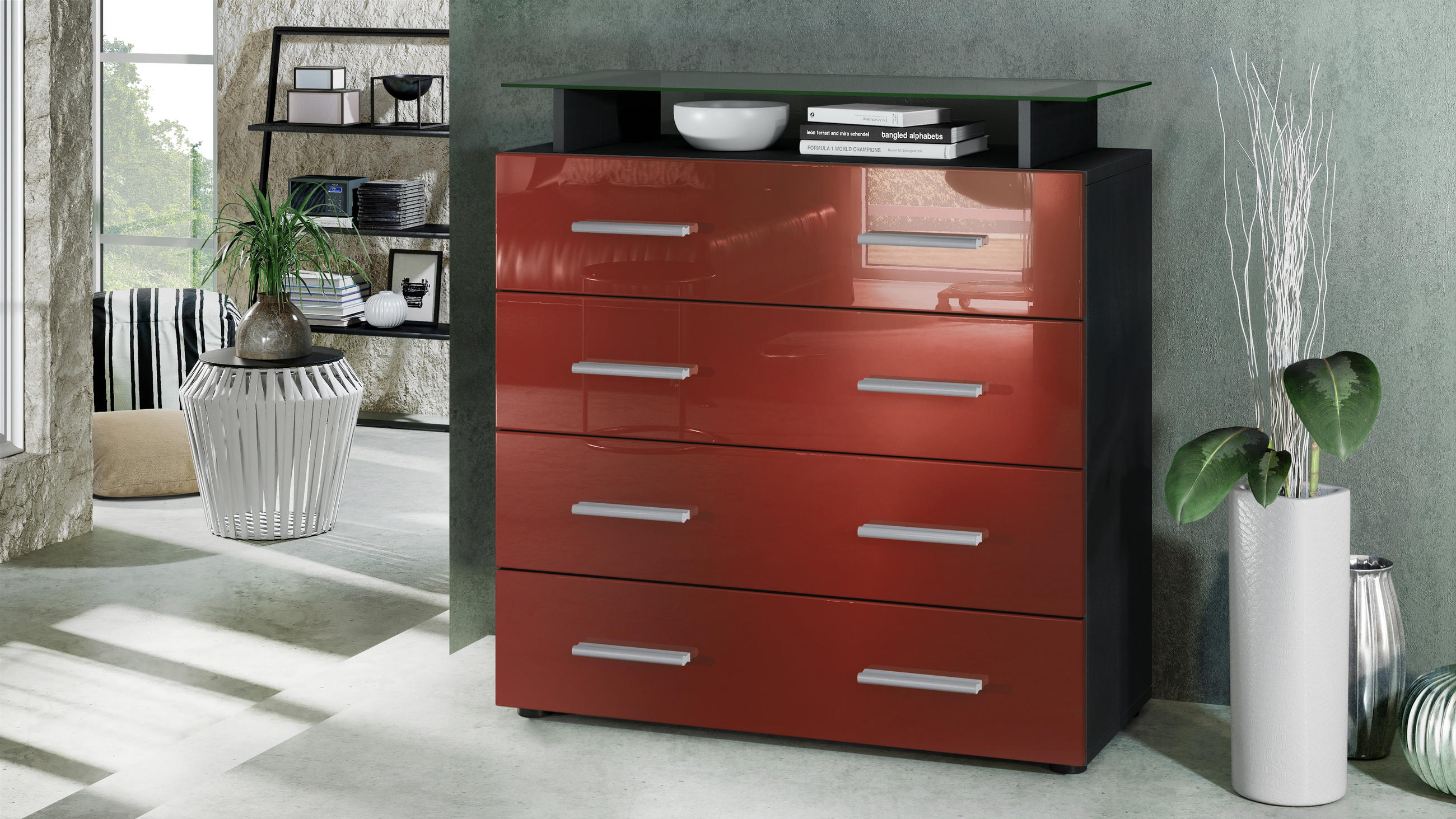 KOMMODE Pavos Bordeaux Hochglanz - Bordeaux, Holzwerkstoff (76/81/35cm) - Vladon