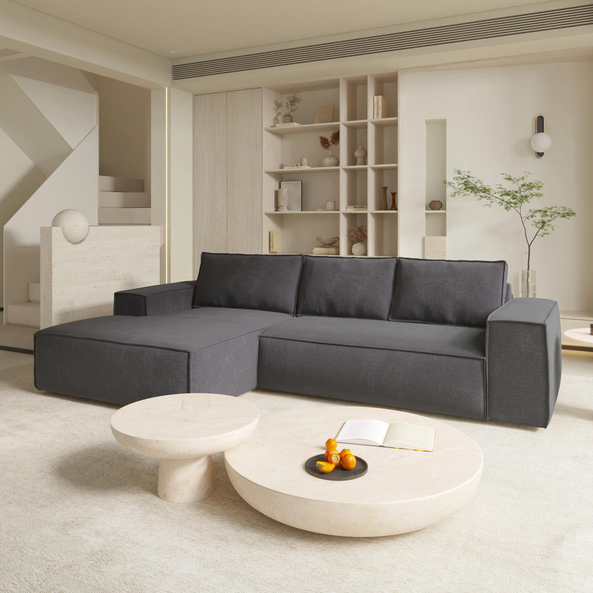 ECKSOFA LINKS Samt Grau 302cm - Grau, Textil (165/302cm) - Sia Home