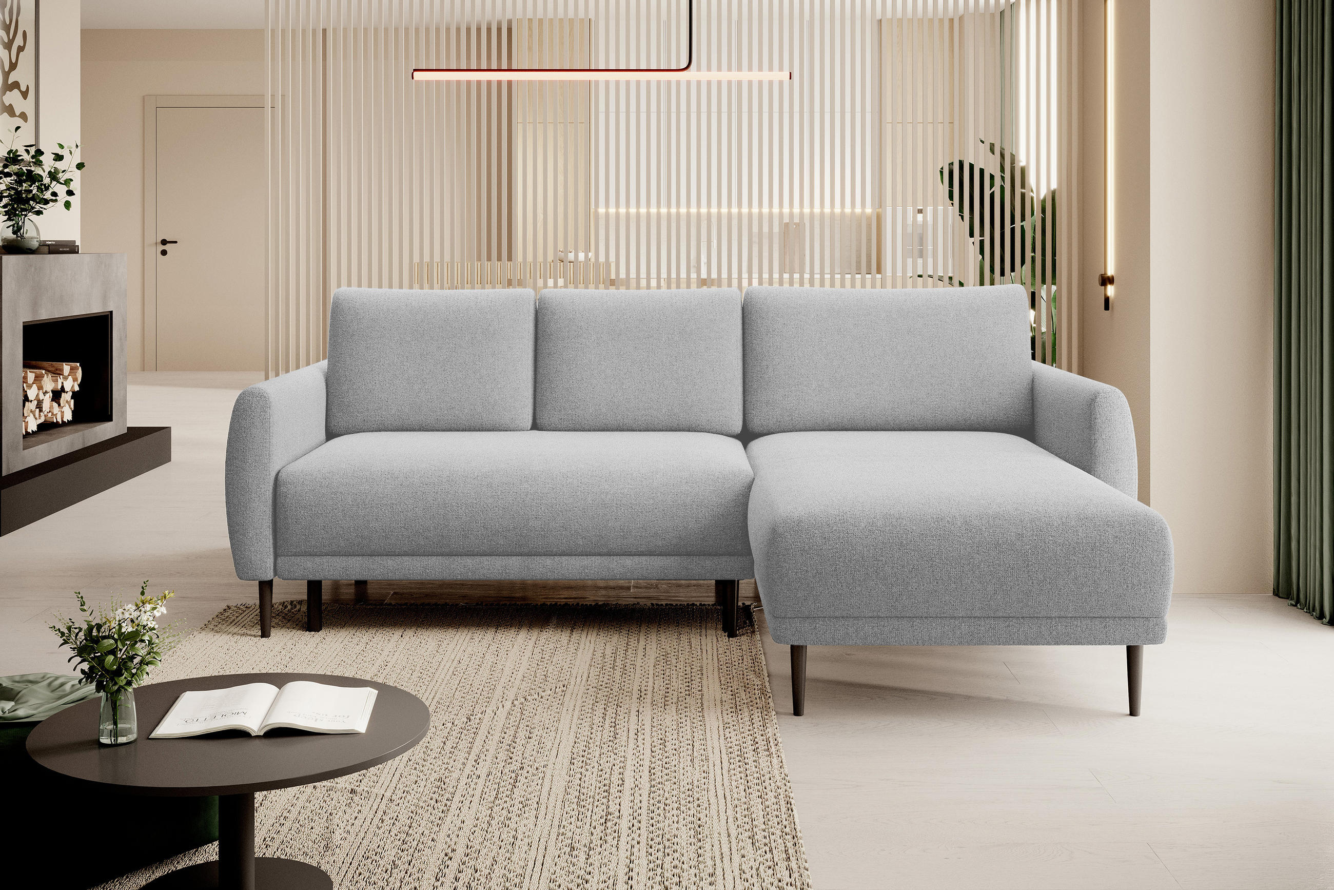 ECKSOFA Bono – Stilvolles Sofa mit Schlaffunktion, Robuste Holzfüße, Elegante Armlehnen, Tiefe Sitzfläche 226x164x88 cm – Rechte, Esche - Silberfarben, Holz/Textil (226/164cm) - DomoHome