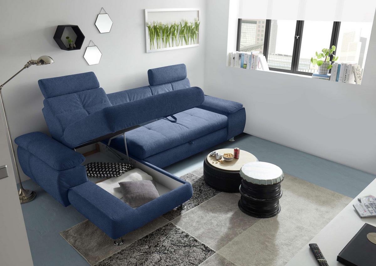 ECKSOFA mit Schlaffunktion und Bettkasten, Brego-Stoff - Chromfarben/Blau, Textil/Metall (274/177cm) - ed exciting design