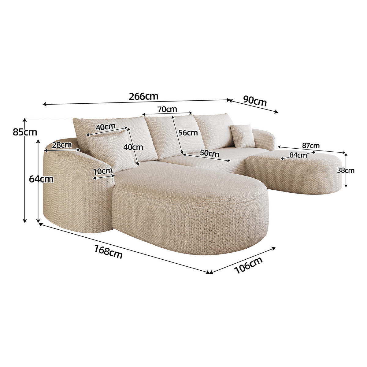 WOHNLANDSCHAFT DE-34817 U-Form 2-Sitzer Chaiselongue links Weiß - Weiß, Textil (168/85/336cm) - ComfortXL