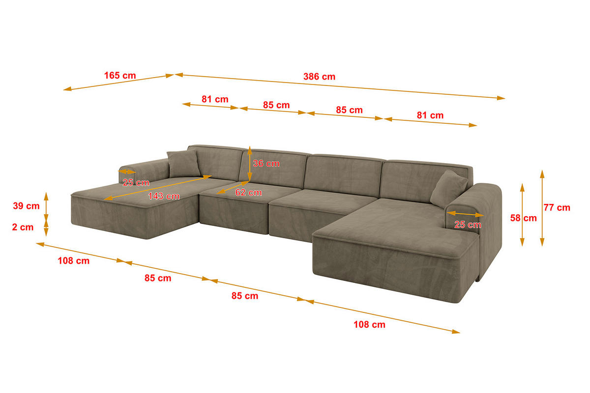 WOHNLANDSCHAFT IREA-U2-v3 386x165x77 Braun Samt - Schwarz/Braun, Holzwerkstoff/Kunststoff (386/77/165cm) - ALTDECOR