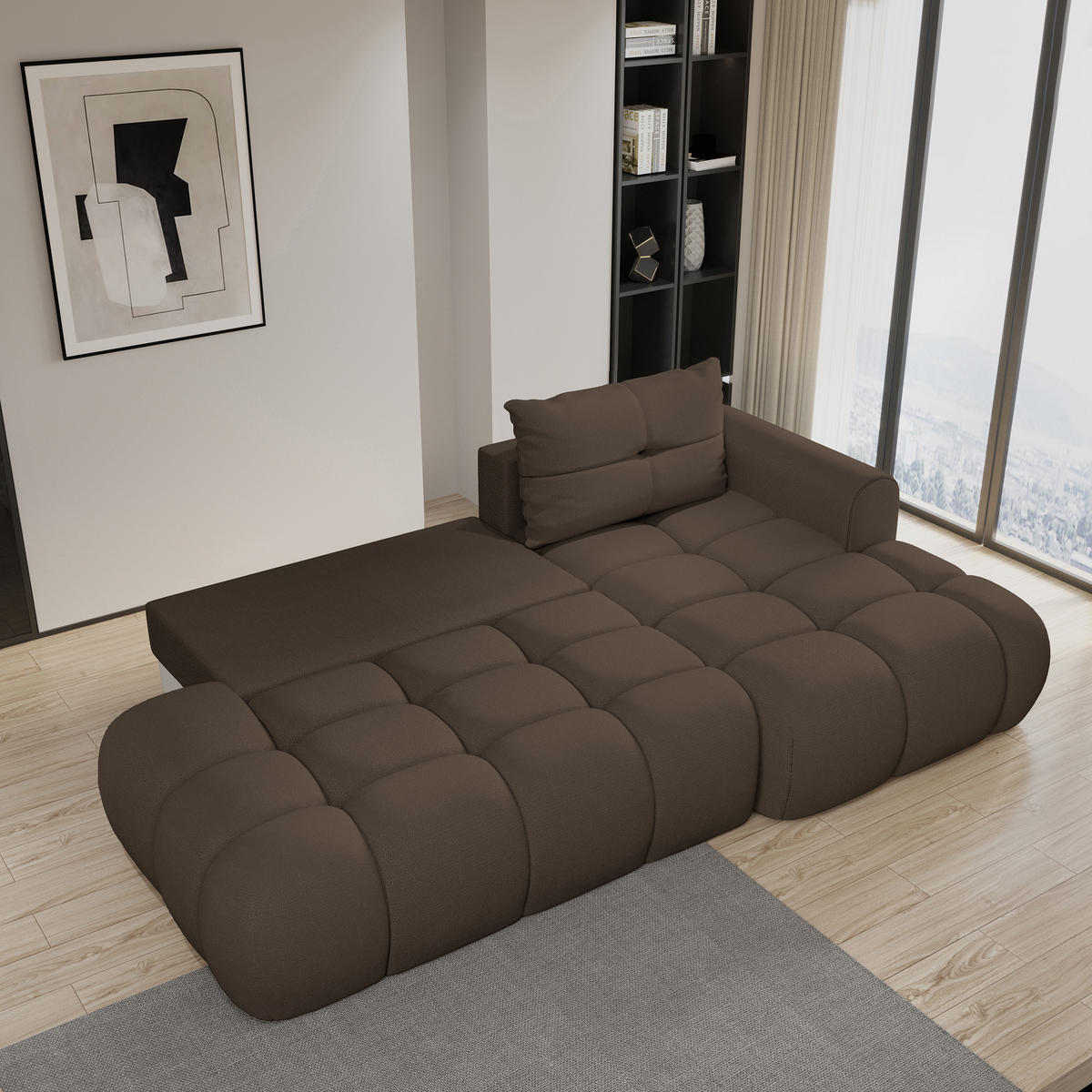 ECKSOFA FLUMA R-S Braun Geflochtener Stoff mit Schlaffunktion - Braun, Holz (274/165cm) - MASSENO