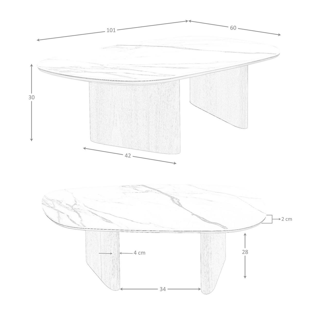 COUCHTISCH in organischer Form aus Keramikmarmor und Walnussholz 101/60/30 cm - Walnussfarben/Hellgrau, Keramik/Holz (60/101/30cm) - ANGEL CERDA