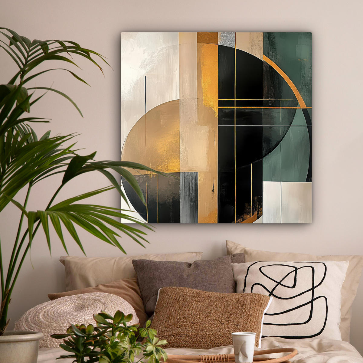 LEINWANDBILD - Abstrakt - Gold - Bronze - Grün - Formen - Modern - 90x90 - Gemälde - Multicolor, Textil (90/90cm) - MuchoWow