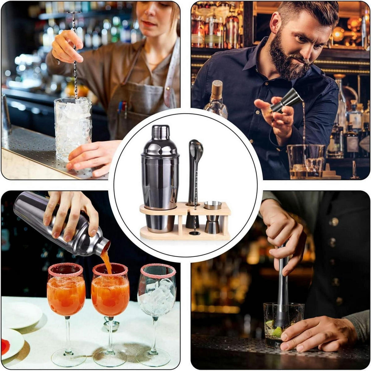 COCKTAIL Shaker Set 5-teilig 750 ml Edelstahl mit Holzständer - Multicolor, Metall (17.1/13.7/21.9cm)