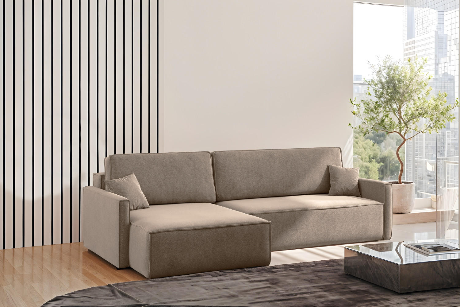 SCHLAFSOFA Carlos L-Form, Ecksofa Mit Bettkasten Und Schlaffunktion Stoff Salvador Rechts Dunkelbeige - Sandfarben, Holz/Textil (250/83/142cm) - Kaiser Möbel