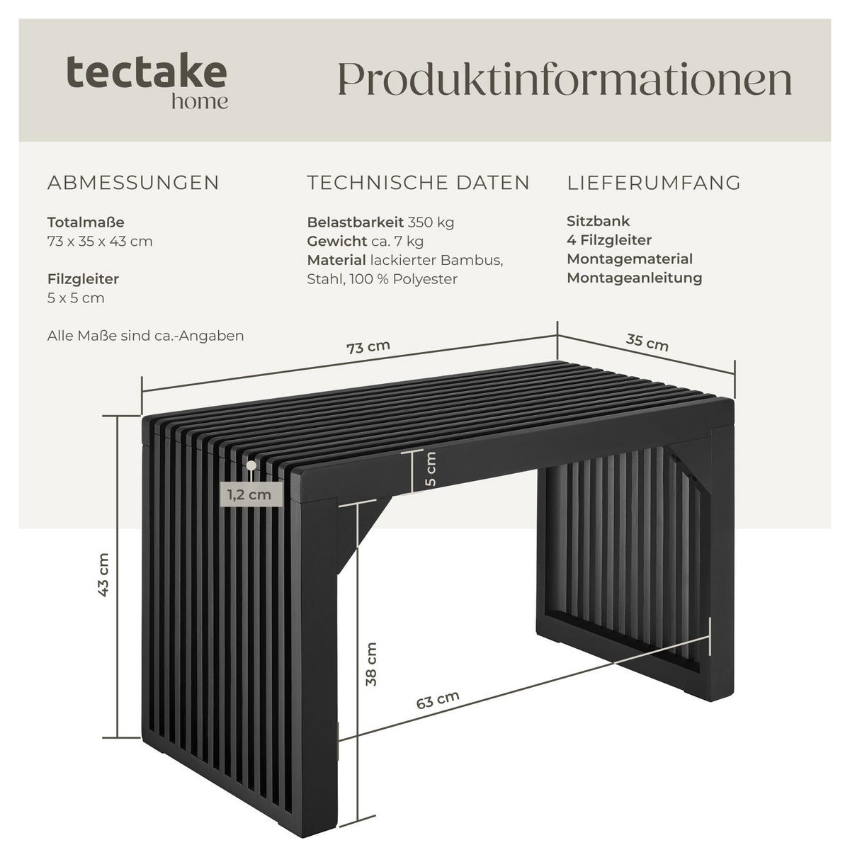 SITZBANK Ribb, Belastbarkeit 350 kg, schwarz - Schwarz, Holz (73/43/35cm) - tectake