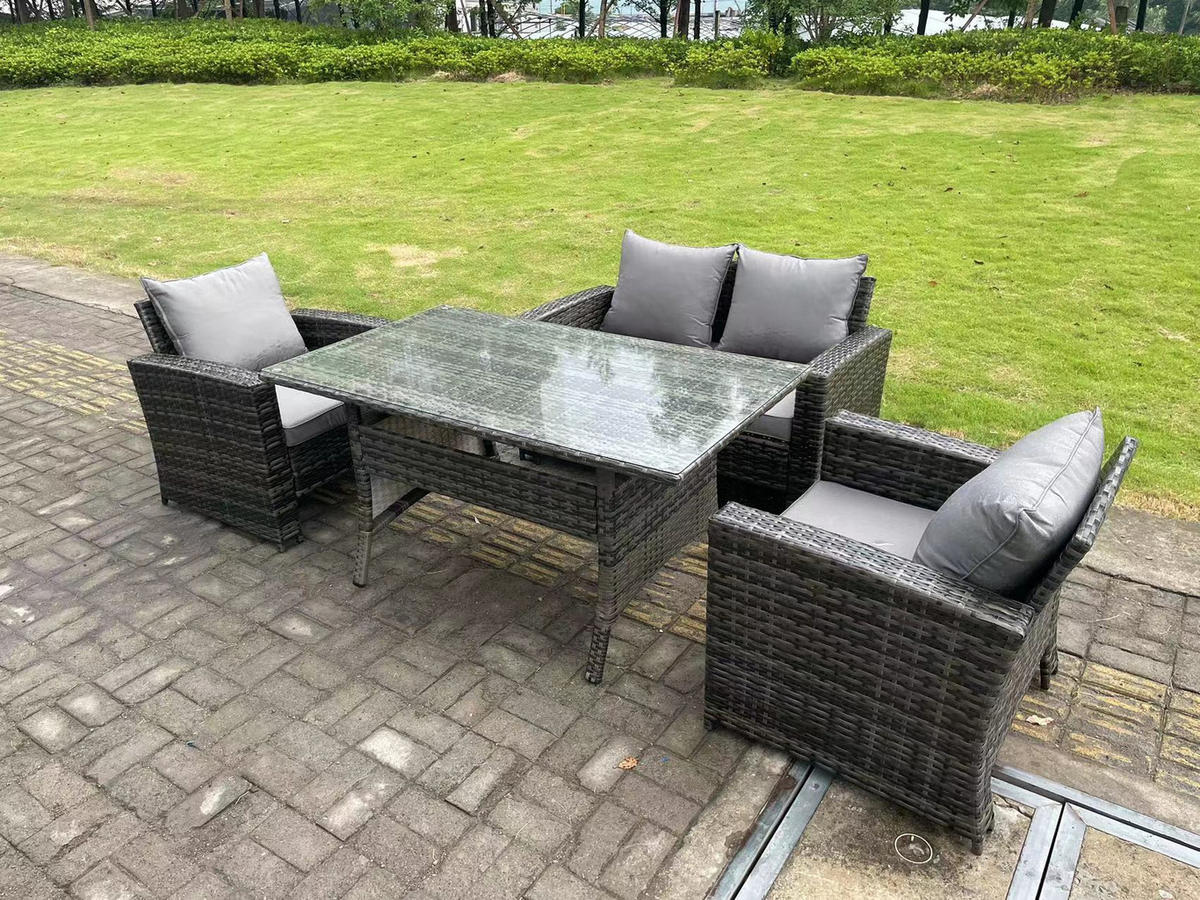 GARTENMÖBELGARNITUR Polyrattan Dunkelgrau 4-Sitzer - Dunkelgrau/Grau, Glas/Kunststoff - Fimous