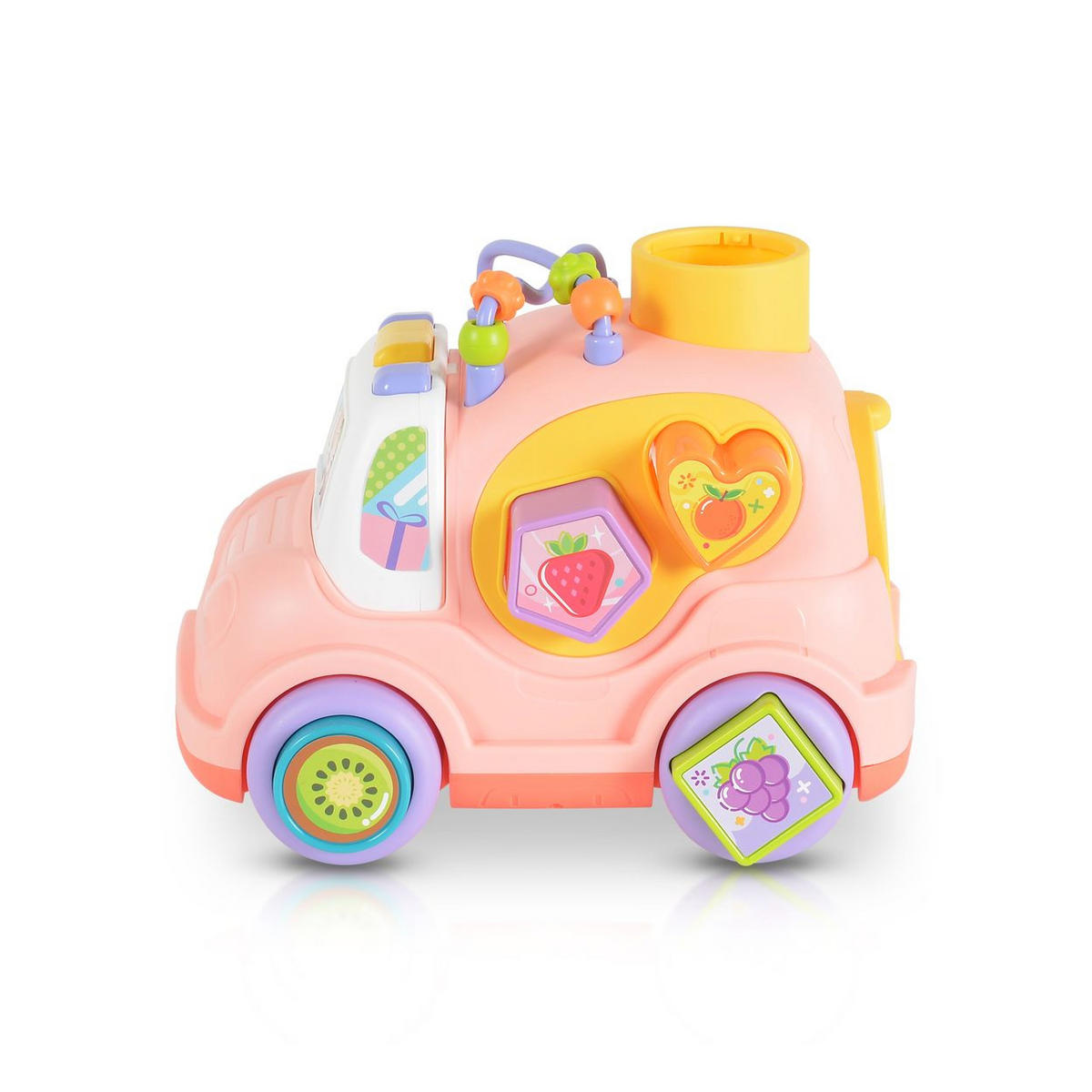 SORTIERSPIEL Auto Musik Licht rosa 4 Formen, Hammer, Motorikschleife, 3 Bälle, ab 18 Monaten, Stauraum - Rosa, Kunststoff (24/15/14cm) - Moni