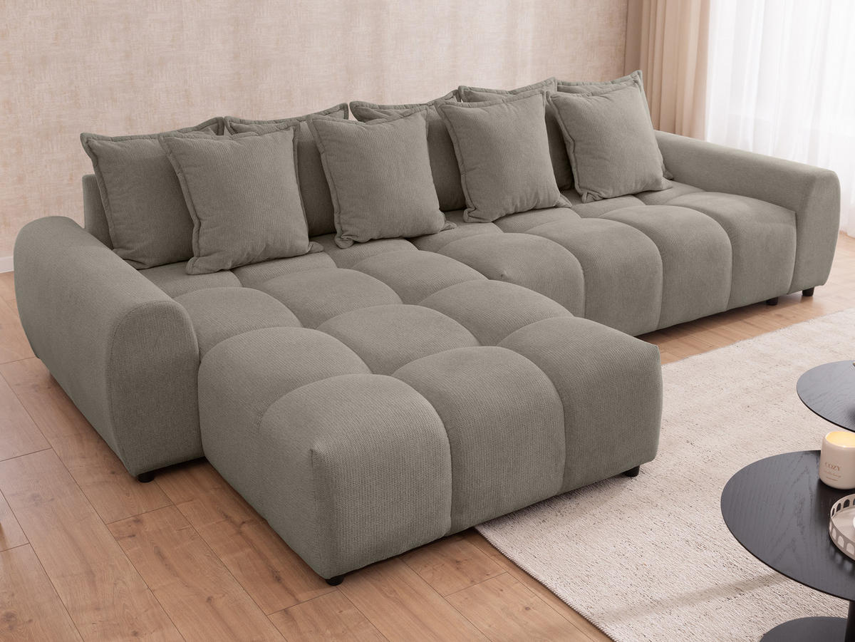 ECKSOFA Bubble mit losen Rückenkissen und Sitzfläche in Bubble-Optik aus weichem Taupe Strukturstoff mit schöner Sitzkomfort - Ottomane links - Taupe/Schwarz, Holz/Kunststoff (180/306cm) - S-Style Möbel