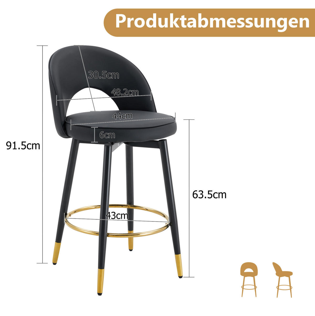 BARHOCKER drehbar Schwarz mit Goldakzenten Metall PU-Leder - Schwarz, Metall (44/92/44cm) - Meubliv